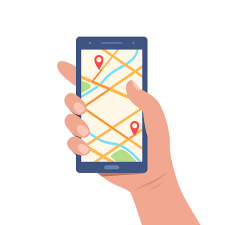 Cellphone with map on screen in human hand. City map navigation app with map and location pin. Mobile app Interface concept design. Vector trendy flat illustrationのイラスト素材