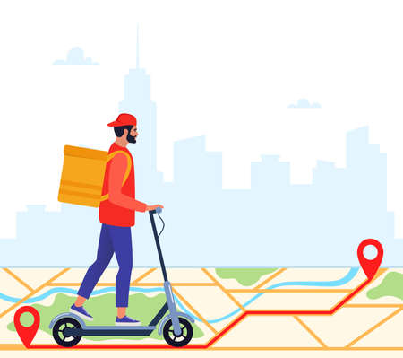 Delivery service concept and application for tracking online orders, food delivery. Man courier riding electric scooter with yellow package product box. Vector illustration for website, mobile appのイラスト素材