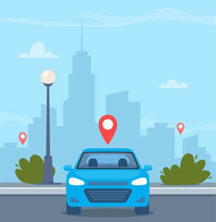 Blue car on street with red pin above it on the urban landscape background. Online car sharing service concept vector illustrationのイラスト素材