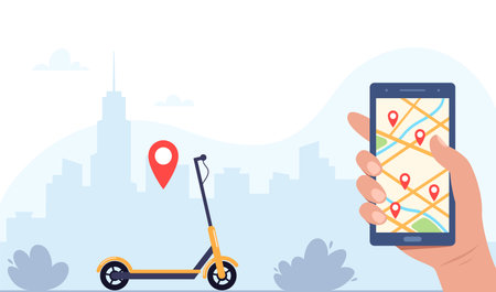 Electric scooter, smartphone with route and red pins on city map, urban landscape background. Online kick scooter sharing service with smartphone app. Scooter Rent. Vector concept illustrationのイラスト素材