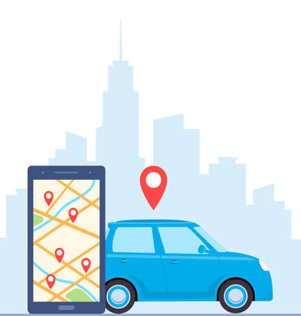 Smartphone with route and points location on city map on the urban landscape background. Online car sharing service with smartphone app. Phone with location marks and car. Vector concept illustrationのイラスト素材