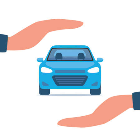 Hands male insurance agent protects car, concept. Protection safety car. Security service. Vector illustration, flat designのイラスト素材