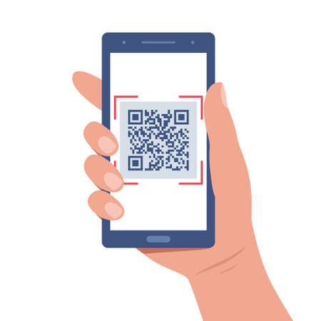 Hand holds a smartphone with a QR code on the screen. QR code scanning or capture mobile phone. Icon recognition or reading qr code. Vector illustration in flat styleのイラスト素材