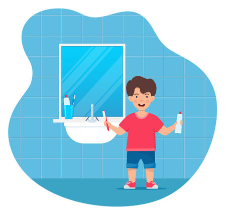 Happy smiling boy kid holding toothbrushe and toothpaste tube, standing in a bathroom. Children dentistry and teeth hygiene. Kids using toothbrush motivational clipart. Flat vector illustrationのイラスト素材