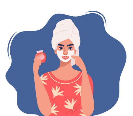 Young woman with a towel on her head makes cosmetic procedures. Face mask, skincare, treatment, relaxation. Skin care concept. Vector illustrationのイラスト素材