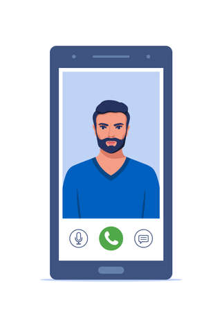 Video call on smartphone. Young man on smartphone screen with connection icons. Communication online using the phone. Talking through video call. Chatting online. Vector illustrationのイラスト素材