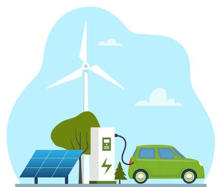 Green electric car charging, side view. Ecologically clean transport, eco-city. Electric car charging at the charger station in front of the solar panels and wind turbines. Vector illustrationのイラスト素材