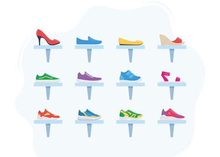 Interior of a shoe store. Shoes on shelves, mirror and seat for fitting shoes. Trendy fashioned shoes, side view. Sport sneakers and boots for women and men. Vector illustrationのイラスト素材