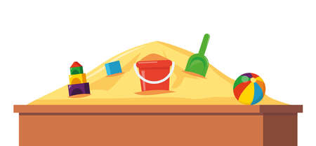Sandbox with pile of sand and children toys in flat style. Sandpit with kids shovel, bucket and car on pile of yellow powder. Vector illustrationのイラスト素材