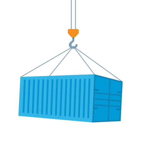 Crane lifts with blue cargo container. Industrial crane hook and Transportation Container isolated on white background. Freight shipping concept. vector illustrationのイラスト素材
