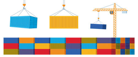 Crane lifts with cargo container. Industrial crane hook and stack of colorful cargo containers, set of elements. Freight shipping concept. vector illustrationのイラスト素材