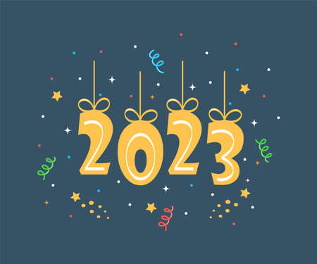 Celebrating New Year 2023. Hanging gold numbers with ribbons, Firecrackers, confetti, fireworks,...