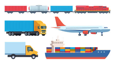 Freight transport icons set. Cargo and delivery, logistics and freight traffic, vector illustration. Includes cargo ship, truck, lorry, train, plane. vector illustrationのイラスト素材