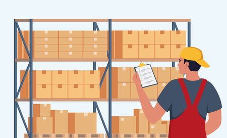 Warehouse worker checking goods in boxes. stock taking job. Modern flat style vector illustration isolated on white backgroundのイラスト素材