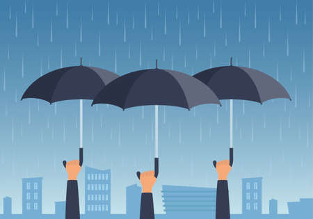 People hold umbrellas over the city in the rain. Hands holding open umbrellas. concept vector illustrationのイラスト素材