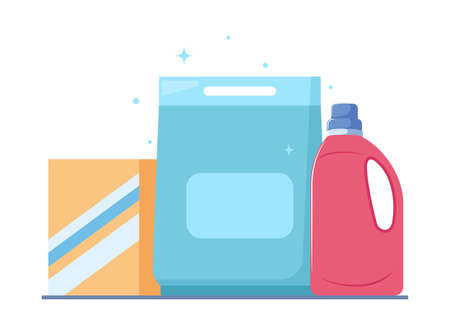 Washing powder, fabric softener gel, clothes washing products in various packaging, set. Plastic container with detergency liquid. vector illustrationのイラスト素材