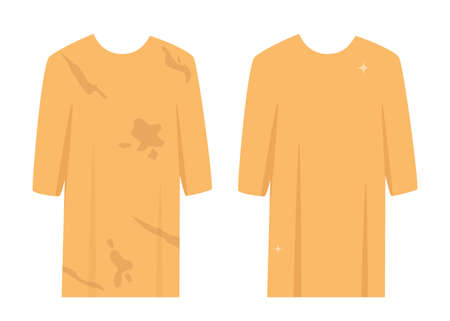 Dirty untidy women's blouse with stains and neat clean blouse. Fresh cotton clothes with removed mud. Soiled and tidy washed garment. Wash clothes concept. vector illustrationのイラスト素材