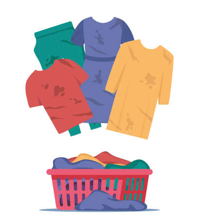 Dirty clothes with stains. Apparel heap with stains in basket, different cotton t-shirts, dresses, trousers, blouses. vector illustrationのイラスト素材