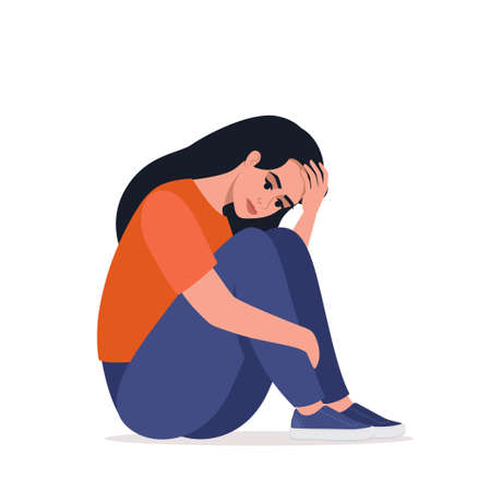Young depressed woman sitting alone, hugging her knees. Concept of depression, mental health, psychology problem, abuse and harassment. vector illustrationのイラスト素材