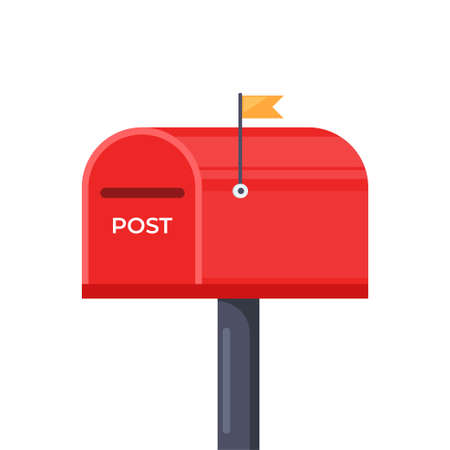 Mailbox with a closed door and raised flag. Red post box, isolated on white background. vector...