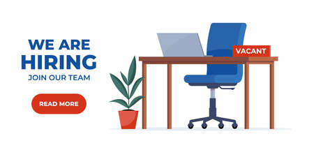 We're hiring poster. Workplace in the office with an empty chair and a vacancy sign. Search for employees in an IT company. Table with computer and chair. vector illustrationのイラスト素材