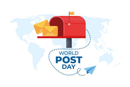 World Post Day with Flying mail paper on the world with world map background. Red post box with envelope. vector illustrationのイラスト素材
