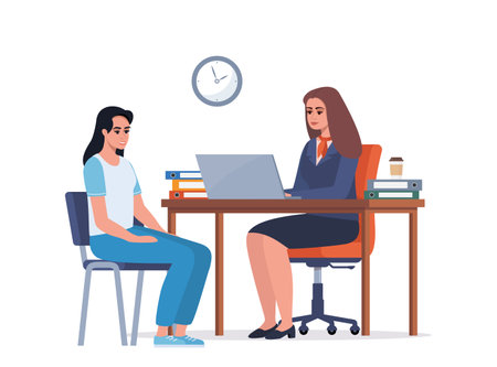 Bank office consultant adviser talking with client. banking concept. Female bank employee in a suit with corporate symbols advises a woman client. vector flat illustrationのイラスト素材