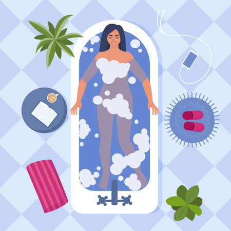 Woman taking a bath, top view. Relaxing girl in bathroom. Contented relaxed woman smiles while lying in the bath. flat style vector illustrationのイラスト素材