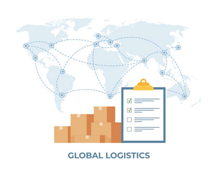 Cargo transportation transportation concept. global logistic network. Clipboard with checklist and pile of boxes, world map on background. import, export. Global freight transport. Vectorのイラスト素材