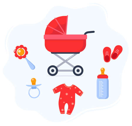 newborn girl things. Elements for baby upbringing. Collection of bottle, sliders, pacifier, rattle, booties Vector illustrationのイラスト素材