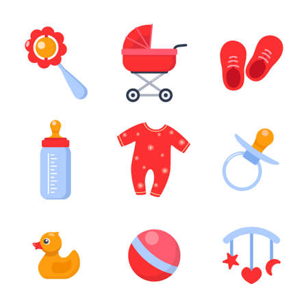 Newborn girl things, set. Elements for baby upbringing in pink color. Collection of rosy clothes, Collection of bottle, sliders, pacifier, rattle, booties, colorful toys. vector illustrationのイラスト素材