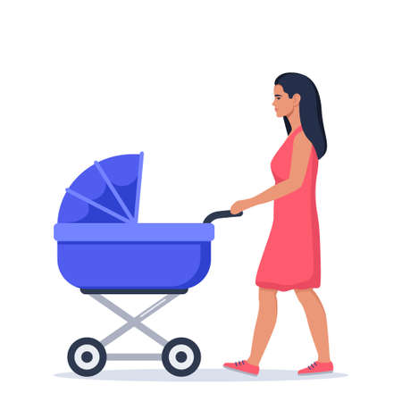 Mom wheeling stroller. Woman walking with baby carriage. outdoor activities. vector flat illustrationのイラスト素材