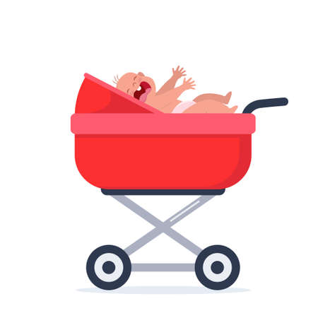 Little baby girl crying hesterically. Crying infant is lying in a stroller. Little kid being unhappy. Flat Vector Illustrationのイラスト素材