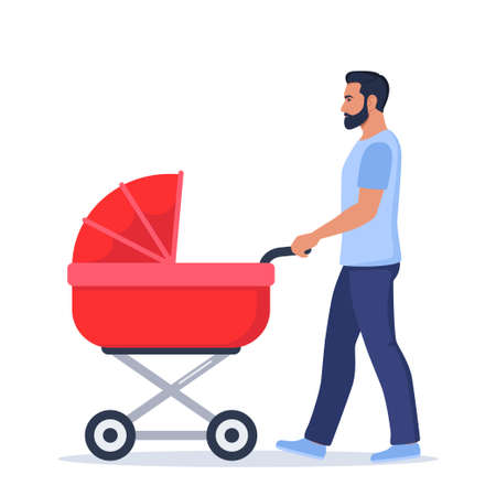 Young daddy walks with a baby in a stroller. Man with newborn son or daughter on walk in baby carriage. vector illustrationのイラスト素材