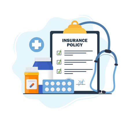 insurance policy on clipboard. Health insurance agreement and medical drugs, pills. Check list with signature on board. Protection, security, health care conceptのイラスト素材