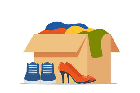 Paper cardboard boxes with various household items. moving to new house. Family relocated to new home. package for transportation. Things, clothes, furniture, books. vector illustrationのイラスト素材