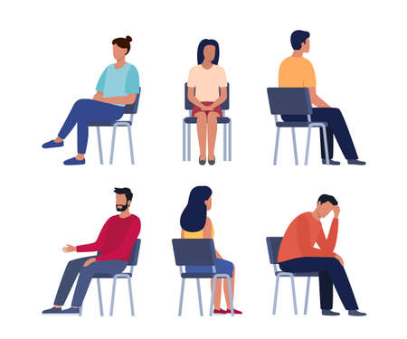 People are sitting on chairs. Men and women sit in different poses on chairs turned from different sides. vector setのイラスト素材