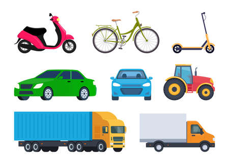 vehicles, set. Car, bicycle, moped, electric scooter truck tractor Vector illustration in flat styleのイラスト素材