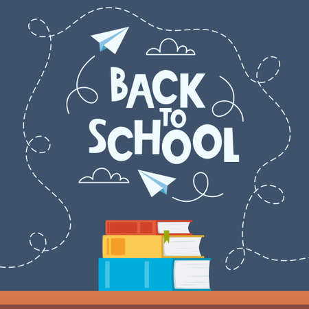 Back to school poster, banner. Lettering Back to school inscription with clouds and paper airplanes flying around, drawn with chalk on a board. Pile of books. vectorのイラスト素材