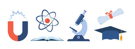 School, science and education icons. Microscope, atom, books, magnet diploma graduation cap. back to school. vector illustrationのイラスト素材