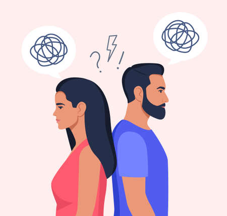 Man and woman stand with their backs to each other, tangled thoughts in their head. Concept of divorce, misunderstanding, disagreement, relationship troubles. Man and woman in a quarrel. Vectorのイラスト素材
