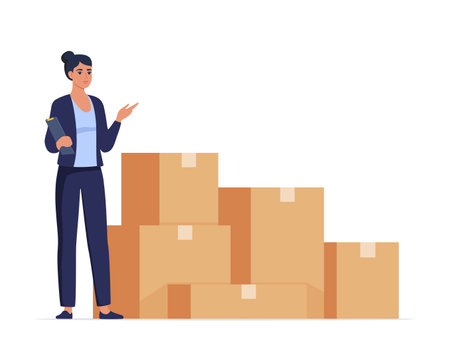 Inventory Manager Woman Character Accounting Goods Lying in Carton Boxes in Warehouse. Storehouse Distribution Concept. Post Office, Store or Stock Production Assortment. vector illustrationのイラスト素材