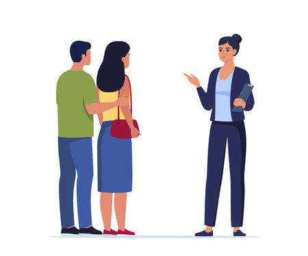 Seller Manager and Clients. Agent speaking with young couple. Man and woman in showroom. Couple is preparing to make a deal or purchase. Consultation, presentation, discussion. vector illustrationのイラスト素材