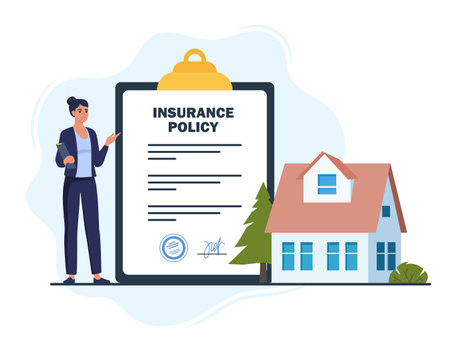 Woman insurance agent, Insurance policy on clipboard and beautiful private house. real estate insurance concept. House insurance business services. vector illustrationのイラスト素材
