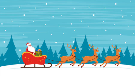 Santa Riding In Sledge With Reindeers on winter snowy background. Christmas greeting card vector illustrationのイラスト素材