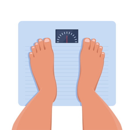Feet on bathroom scales, top view. weight measurement and control. Concept of healthy lifestyle, dieting and fitness. vector illustrationのイラスト素材
