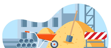 building work process. Wheelbarrow, sand pile, shovel, warning sign. construction equipment. city landscape background. vector illustrationのイラスト素材