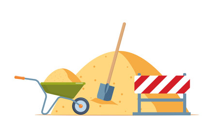 Wheelbarrow, sand pile, shovel. Building work process concept. Construction equipment Vector illustrationのイラスト素材