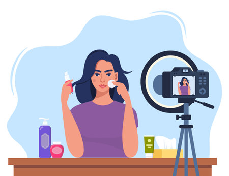 Woman beauty blogger recording skin care tutorial video for her vlog. Girl talking and showing cosmetic products in front of camera. vector illustrationのイラスト素材