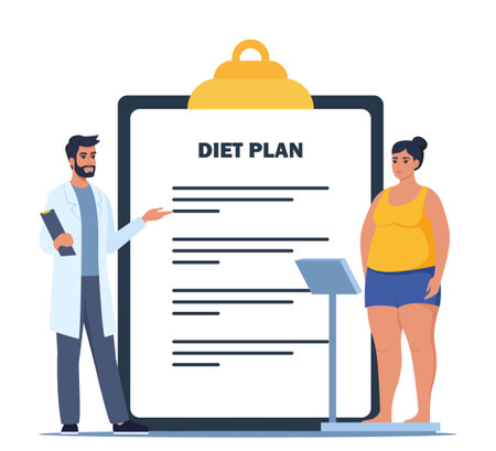 Fat woman standing on weight scales. Doctor explain about health and how to loose weight, Diet plan for obese patient, fat control instruction, diabetes patient, control calories, sports. vectorのイラスト素材